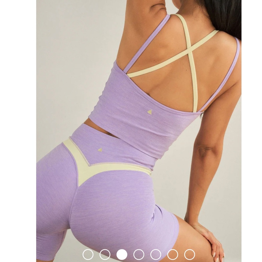 Lilac VITALITY Cross-Back Seamless Crop Top with Cream Trim and shorts included